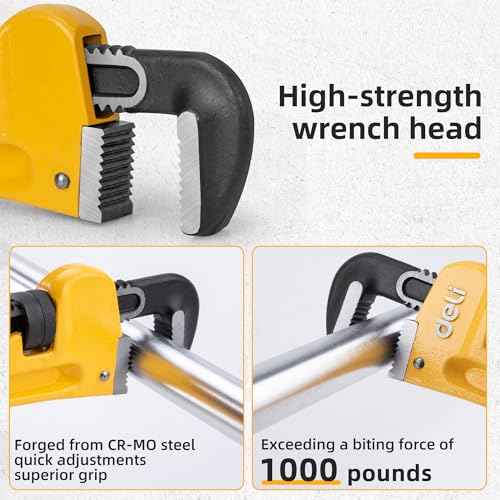 deli Pipe Wrench 8-inch, Heavy Duty Straight Adjustable Wrench, Professional Plumbing wrench tools, for Pipe, Home, Vehicle repair