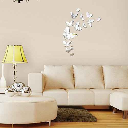 Set 14pcs DIY Butterfly Mirror Sticker, Beautiful 3D Butterfly Mirror Wall Decal&Murals DIY Home Decoration (Silver)