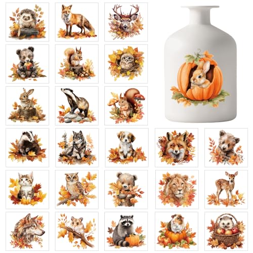 GLOBLELAND 25 Sheets Autumn Animals Thanksgiving Colorful Adhesive Lantern Stickers Forest Animals Decal Stickers Pumpkin Maple Leaves Lantern Jar Sticker for Glass Cup Vase Art Home Decor