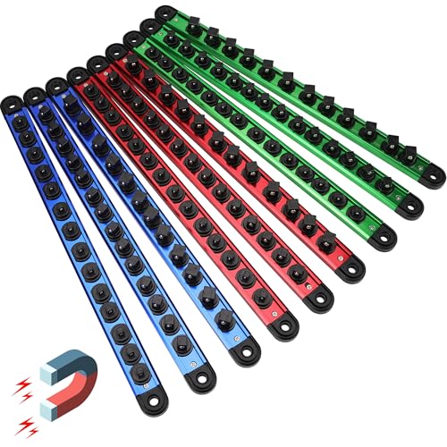 SEDY 9-Piece Aluminum Magnetic Socket Organizer Set - Holds 120 Sockets, Detachable Rails for 1/4, 3/8, 1/2 Sizes, Blue/Red/Green