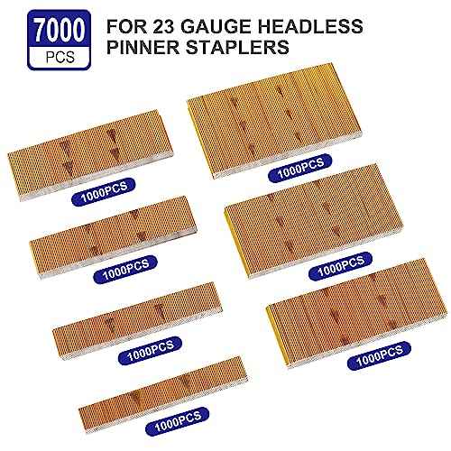 HAMWOO 7000 pcs 23 Gauge Pin Nails, Headless Pinner Nails, 7 Sizes Assorted 3/8 Inch to 1-3/8 Inch for Molding Cabinetry Building,photo frame,handicrafts Assembly