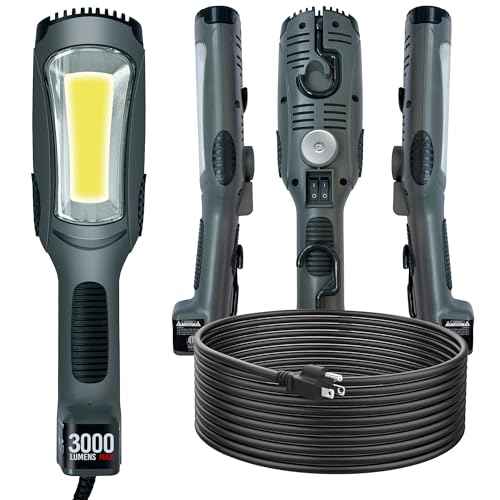 Portable Corded LED Work Light with Outlet in Handle, COB LED, 3000 Lumen 25ft 16AWG 3C SJTOW Cord Handheld Work Light, Strong Magnet, Swivel Hook for Mechanic, Garage, Workshop, Car Repair