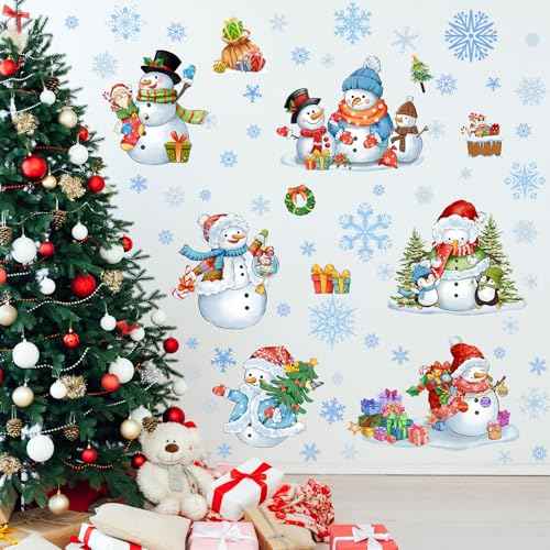 ReliThick 64 Pcs Christmas Snowman Wall Sticker Clings Removable Christmas Wall Art Silver Blue and White Winter Window Clings Wall Decor for Christmas Winter Home Bedroom Decorations