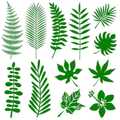 12PCS Tropical Leaf Stencils - 14.7" Long Reusable Palm & Fern & Maple Leaf Stencils for Painting on Paper, Walls, Furniture, Canvas, Wood, Scrapbooking, Home Wall Decor & DIY Art Crafts