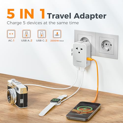 TESSAN Grey Universal Travel Adapter 25W with USB-C & 5-in-1 Power, Ultra Thin