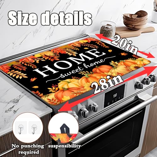 Fall Pumpkin Glass Stove Top Cover 28x20 | KAPLIPE Hello Fall Maple Leaves Black