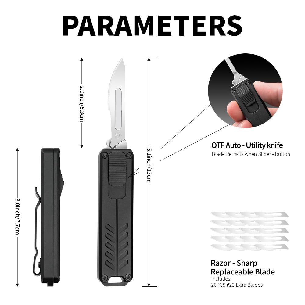 cckk Utility Knife, Aluminium Alloy Pocket Knife with Clip, Black Pocket Knife, EDC Razor Knife with 20PCS #23 Blades
