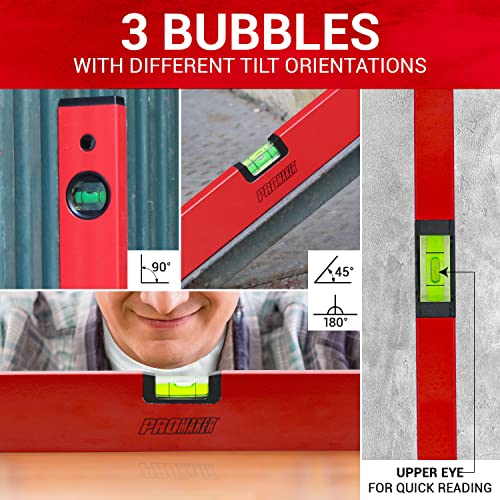 Promaker 18 Inch Magnetic Aluminum Level with 3 Bubble Vials - Durable, Drop-Resistant