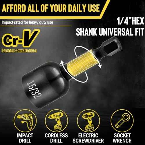 9-PCS Magnetic Nut Driver Set - Impact Nut Driver Bit Set for Impact Drill, SAE, Drill Socket Set, 1/4 Inch Hex Shank, Cr-V Steel