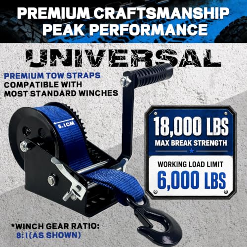 Blue Boat Winch Strap with Hook 2"x20ft 18,000lb Heavy Duty Marine Towing