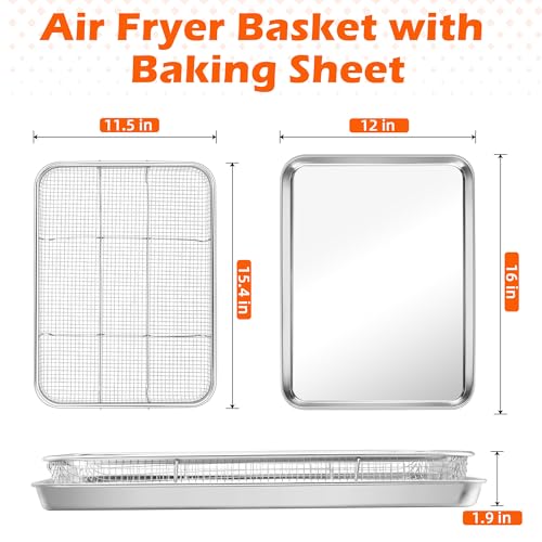 TeamFar 16" x 12" Air Fryer Basket & Tray for Oven – 15.4" x 11.5" Basket, 16" x 12" Tray, stainless steel