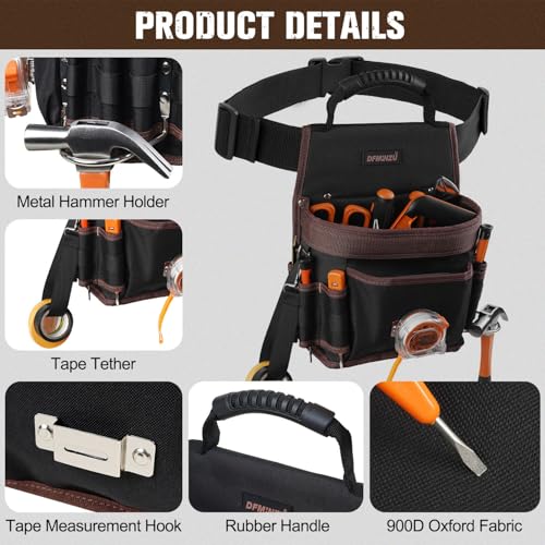 Electrician Tool Pouch, 10 Pockets Tool Belt Pouches with Hammer Holder, Adjustable Small Tool Pouch with Belt for Carpenter Construction Technician Plumber HVAC