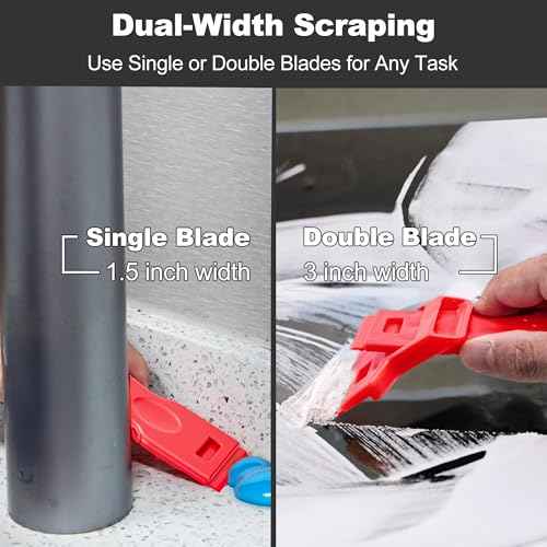 Dual-Width Plastic Razor Blade Scraper Tool Non Scratch - 2-Pack With 100 Blades, Single Or Double Wide Head, Removes Stickers, Labels, Decals, Adhesive & Paint On Glass, Cooktops, Car Windows & Tiles
