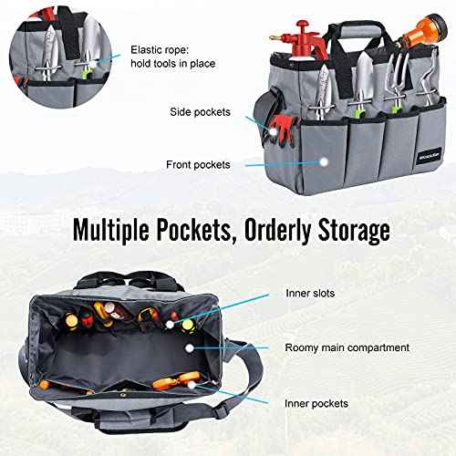 Housolution Garden Tote Bag, 900D Gardening Tool Bag, Garden Tote Storage Bag with Pockets & Long Adjustable Shoulder Strap, Home Tools Organizer Garden Tool Kit Holder, Standable, 14 Inch, Gray