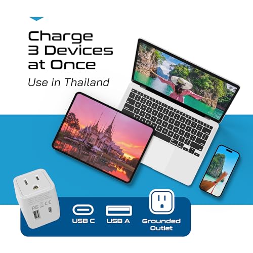 Ceptics Thailand Travel Plug Adapter Gray White with USB-C & USB-A - Compact 3-in-1 Power Converter