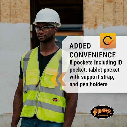 Pioneer Hi Vis Safety Vest for Men & Women - Reflective Cooling Mesh - 8 Pockets - Class 2 - Construction, Traffic, Security