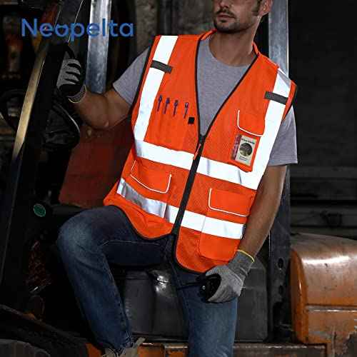 Neopelta Reflective Safety Vest Orange Mesh, High Visibility Vest with Pockets and Zipper, Padded Neck, Construction Work Vest ANSI Class 2, Orange L