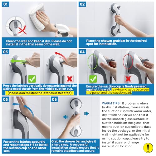 LEVERLOC 12.2 Inch Gray Suction Grab Bars 2 Pack, No Drilling Shower Handles for Seniors
