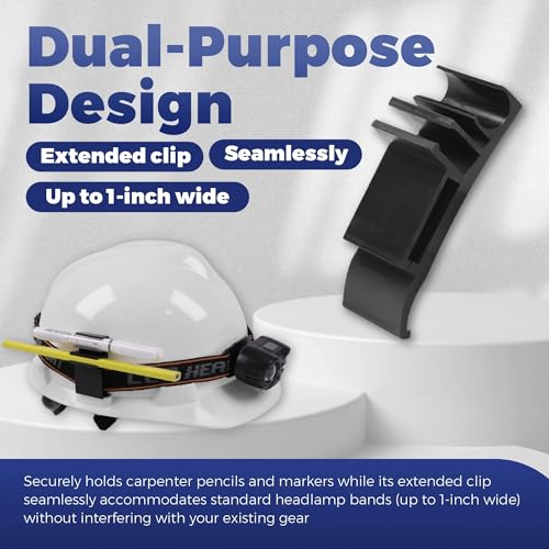 Hard Hat Pencil Holder Clip | 3-in-1 Attachment for Carpenter Pencils, Markers & Headlamp Bands | Black Reinforced Nylon Accessory Fits Both Sides of Hard Hats for Woodworkers