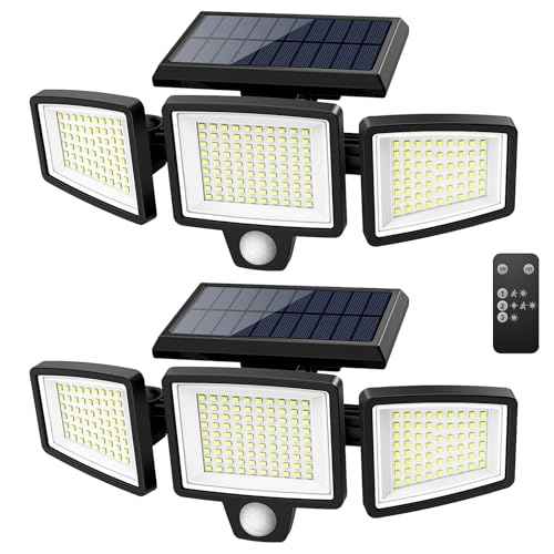 Tuffenough Solar Outdoor Lights 2500LM 210 LED Security Lights with Remote Control,3 Heads Motion Sensor Lights, IP65 Waterproof,270¡Æ Wide Angle Flood Wall Lights with 3 Modes(2 Packs)