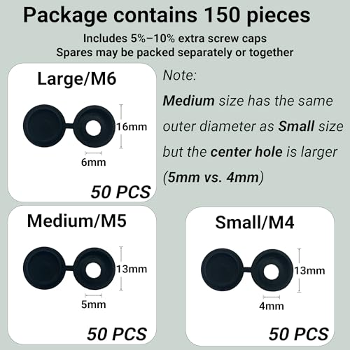 150 Pcs 3 Sizes Screw Cover Caps, Smooth Plastic Caps for Covering Screw Nail Hole, 3 Sizes (Hole Diameter 4mm, 5mm, 6mm)(Black)