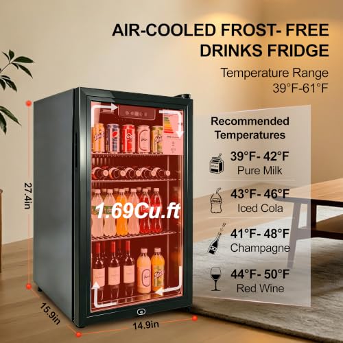 E-Yards 1.7 Cu.ft Beverage Refrigerator Cooler - 68 Can Mini Fridge Glass Door, Adjustable Shelves, Digital Temp, Black