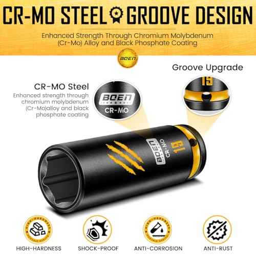 BOEN 1/2" Drive 19mm Deep Impact Socket Set, Chrome-molybdenum Steel, 6-Point Design, Deep Embossed and Painted Marking, Yellow Groove, Black Phosphate Coating