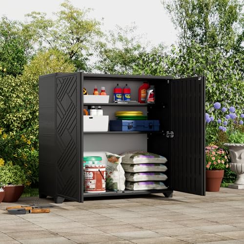 ZZM 34W x 15D x 34H Outdoor Storage Cabinet with 2 Shelves, Black - Waterproof HDPE