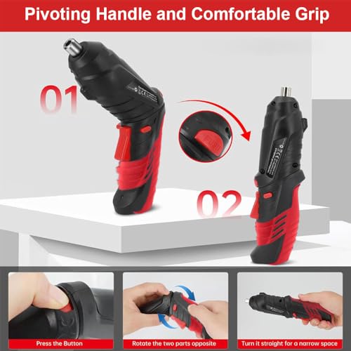 AFNZTME Red Cordless Power Screwdriver Kit with 46 Bits, LED Light, Pistol Handle