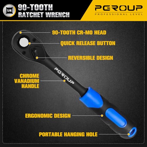 1/4" Drive 90 Tooth Ratchet Wrench, Quick Release Ratchet Wrench with Ergonomic Rubber Handle, 4-Degree Swing Reversible Ratchet, Chrome Alloy Made