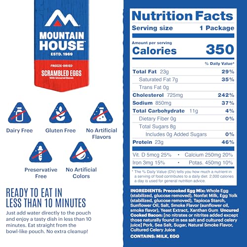 Mountain House Freeze-Dried Scrambled Eggs with Uncured Bacon 2-Pack | Backpacking Meals, 4 Servings, 30-Year Shelf Life