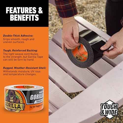 Gorilla Tape Tough & Wide, Black Tape, 2.88" x 25 yd (Pack of 1) - Heavy Duty and Weather Resistant for Indoor or Outdoor