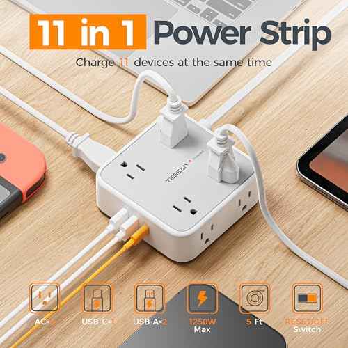 TESSAN Surge Protector Power Strip, 5 Ft Flat Plug Extension Cord with 3 USB (1 USB C) 8 Outlets, 1250W, 900J Protection, 3 Sided Outlet Extender with Power Switch for Office, Dorm Room Essentials