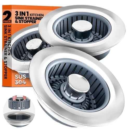 Kitchen Sink Drain Strainer & Sink Stopper, Upgraded 3 in 1 Stainless Steel Drain Plug Combo with Anti-Clog Basket, Pop Up Drain Cover for Standard 3-1/2'', Fits Double Bowl Kitchen Sinks