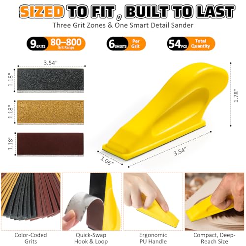 54PCS Micro Sander Kit with Detail & Mini Sanding Blocks, Grit 80-800 for Wood & Crafts