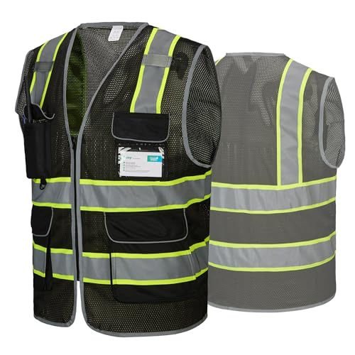 COOLJOB 9 Pockets Reflective Mesh Safety Vest for Men, Hi-vis Work Vest for Construction, Class 2 ANSI Standard, Black Yellow