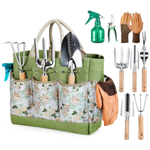 Grenebo Heavy Duty Gardening Tools Set with Green Tote Bag, Includes 8 Hand Tools for Women