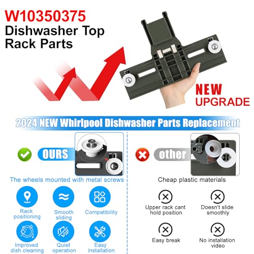 Whirlpool Top Rack Adjuster Replacement Parts W10350375 W10712395 – Upgraded Polymer Wheel Kit