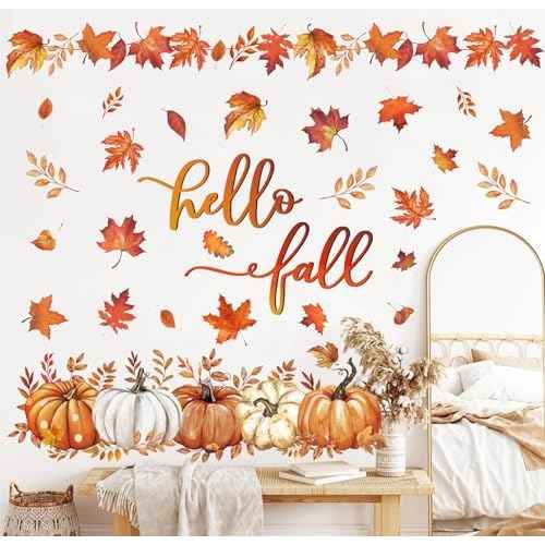 9 Sheets Hello Fall Wall Stickers Watercolor Pumpkin Maple Leaves Wall Decals Room Mural Stickers for Autumn Thanksgiving Home Classroom Party Decor, 7.9 x 11.8 Inch