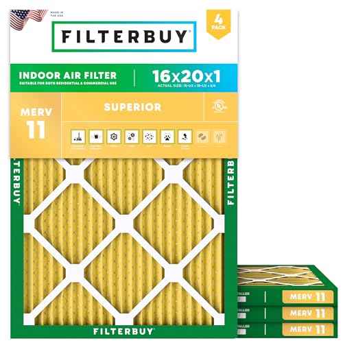 Filterbuy 16x20x1 Air Filter MERV 11 (MPR 1200) Allergen Defense Replacement (4-Pack), Electrostatic Pleated HVAC AC Furnace Filters, Made in USA (Actual Size: 15.50 x 19.50 x 0.75)