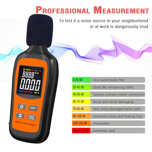 V·RESOURCING Decibel Meter 35-135dB Orange & Black with Temp, Fast/Slow, Max/Min & Data Hold