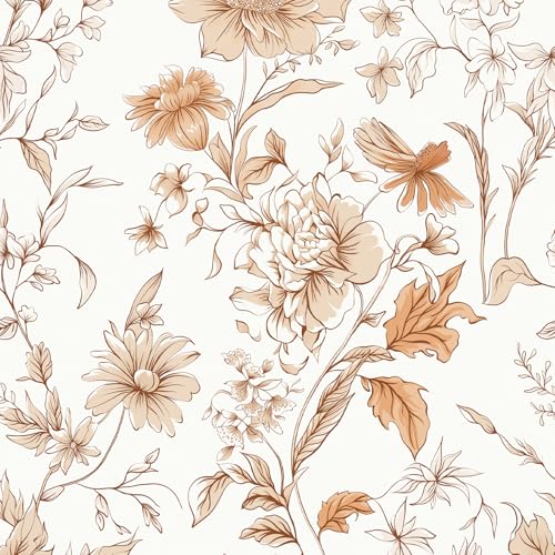 Vinjiasin Peel and Stick Wallpaper Boho Orange Floral Contact Paper Vintage Self Adhesive Removable Wall Paper for Bedroom Bathroom Accent Wall Decor Flower Leaf Vinyl Roll 17.3'' X 78.7''