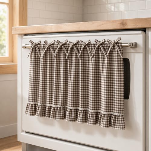 Bekecidi Farmhouse Oven Skirt - Black & White Gingham Plaid with Lace Trim & Ribbon Ties