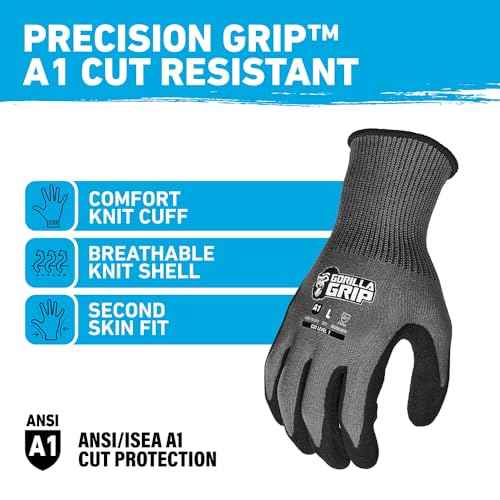 Gorilla Grip A1 Precision Grip, Cut Resistant Work Gloves, Nitrile Coated, Grey - Small (27220-212B)