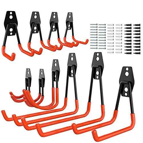 10-Pack Steel Garage Storage Utility Double Hooks, Heavy Duty for Organizing Power Tools, Ladders, Bulk Items, Bikes, Ropes Helmet Skateboard Basketball (Orange)