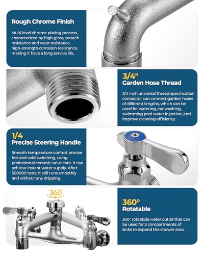IVIGA Rough Chrome Commercial Wall Mount Mop Sink Faucet with Vacuum Breaker, 8 Inch Center, 1/4 Turn Ceramic Valves, Heavy Duty Solid Brass