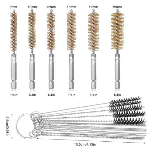 6 Pieces Brass Bore Brush in Different Sizes + 15 Pcs Cleaning Needles Nylon Brushes Tools, Twisted Wire Brush with Handle 1/4 Inch Hex Shank Attachment Drill Set for Tubes Ports Bearings