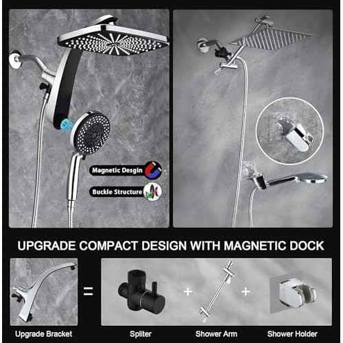 High Pressure Rain Shower Head: Upgrade Shower Heads with Handheld Spray Combo with Fixed Showerhead and 10 Sprays Handheld Shower Head, Detachable Shower head Built-in Magnetic Docking and Power Jets