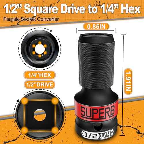 Impact Wrench Adapter, Impact to 1/4 Hex Converter, 1/2-inch Square Drive to 1/4-inch Hex Socket Adapter, Quick-Change Chuck for Impact and Ratchet Wrench, 2PCS