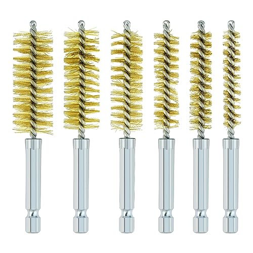 6 Pcs Brass Bore Brush Set with 1/4" Hex Shank Twisted Wire Bristles, Different Sizes (8, 10, 12, 15, 17, 19mm) for Bearing, Rust, Tube Cleaning
